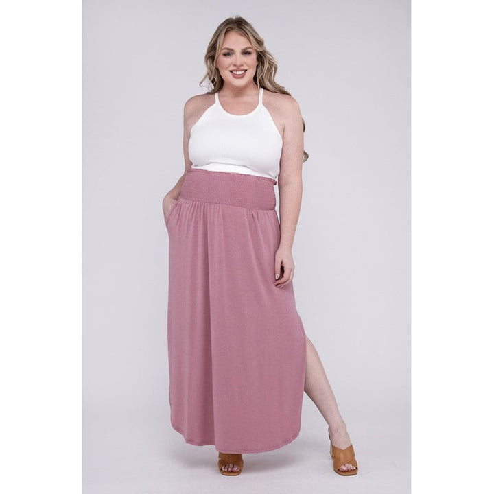 Plus Smocked Waist Side Slit Maxi Skirt w/ Pockets Image 8