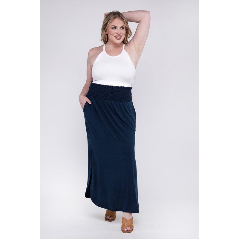 Plus Smocked Waist Side Slit Maxi Skirt w/ Pockets Image 10