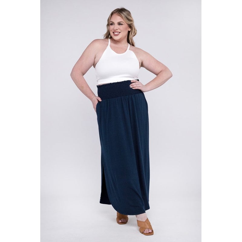 Plus Smocked Waist Side Slit Maxi Skirt w/ Pockets Image 11