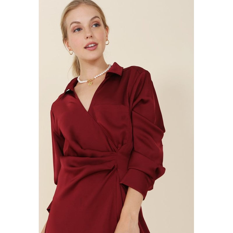 Satin collared wrap mini dress Image 2