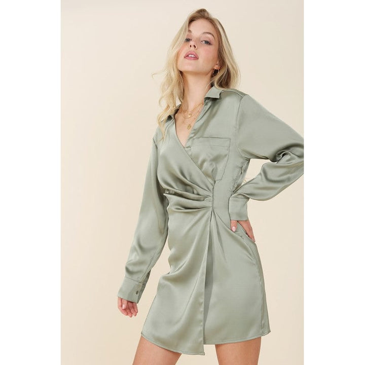 Satin collared wrap mini dress Image 4