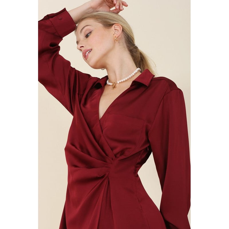 Satin collared wrap mini dress Image 11