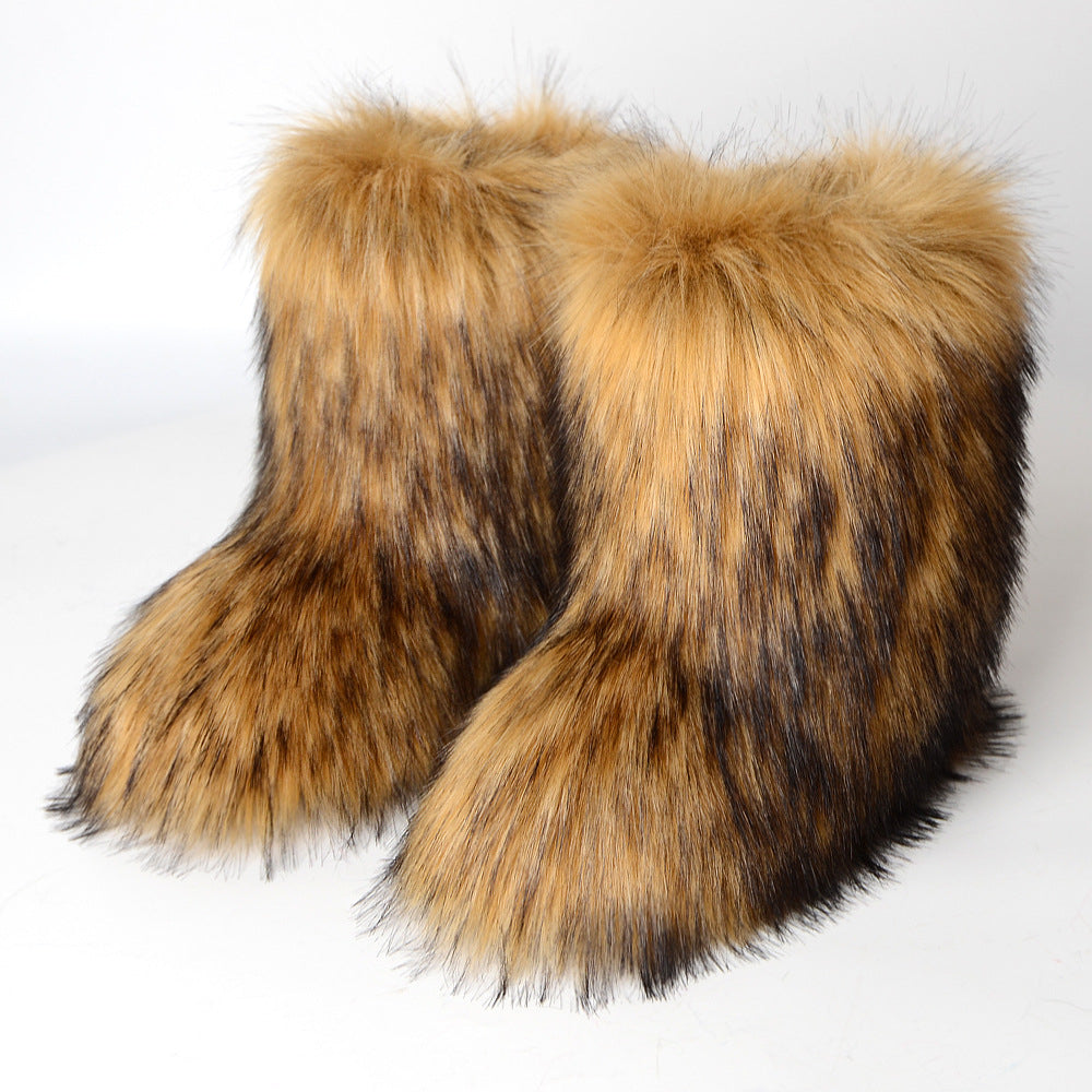 2023 Winter Faux faux Boots Women Warm Fluffy Snow Boots Luxury Footwear Female Furry Fox faux Bottes Fashion Winter Image 2