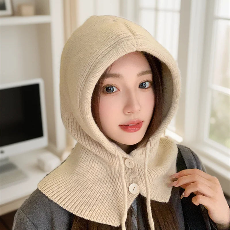 Y2K Hot Girl Luxurious Design Knitted Balaclava Fashion Fake Collar Shawl Hooded Hat Thick Warm Beanines Winter Womens Image 3