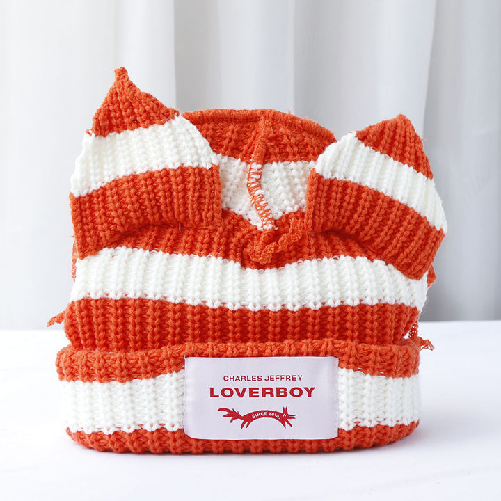 2024 Cute Fashion Hooded Lover Boy Ear Knit Double-layer Warm Fox Ear Woolen Hat Niche Design Hip-hop Personality Cold Image 2