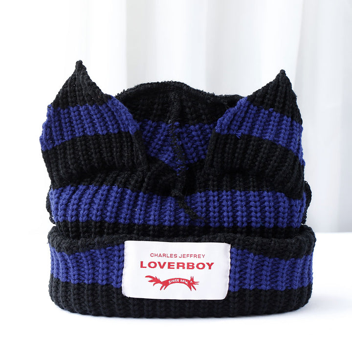 2024 Cute Fashion Hooded Lover Boy Ear Knit Double-layer Warm Fox Ear Woolen Hat Niche Design Hip-hop Personality Cold Image 4