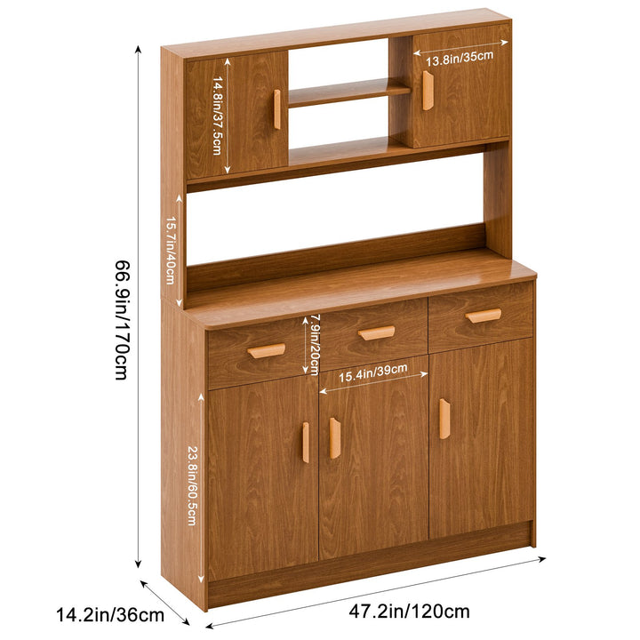 Kitchen Pantry Storage Cabinet Utility Pantry with Microwave Stand Household Wall Tall Sideboard with 3 Drawers 5 Doors Image 8