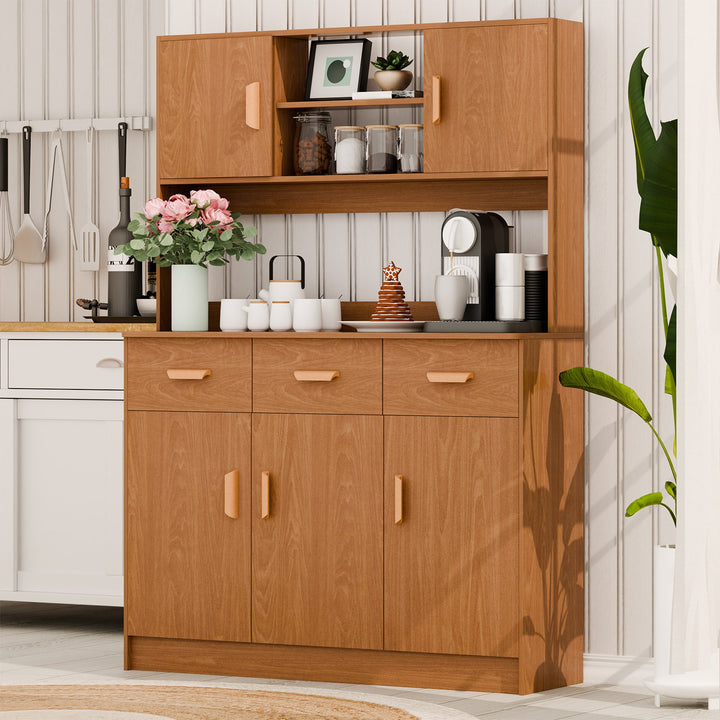 Kitchen Pantry Storage Cabinet Utility Pantry with Microwave Stand Household Wall Tall Sideboard with 3 Drawers 5 Doors Image 10