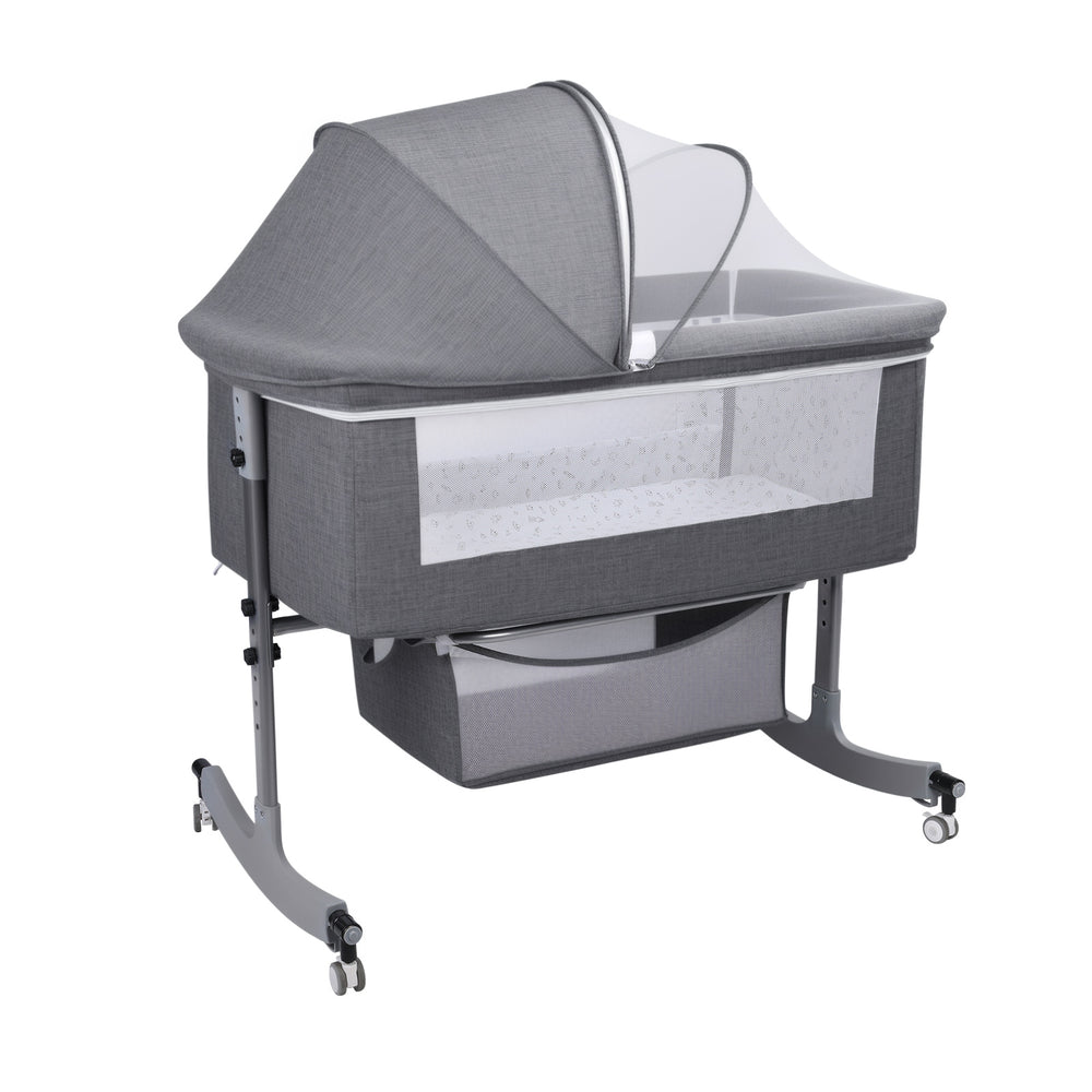 Height Adjustable Baby Bedside Bassinet Crib with Large Curvature Cradle Movable Beside Bassinet with Mosquito Net Image 2