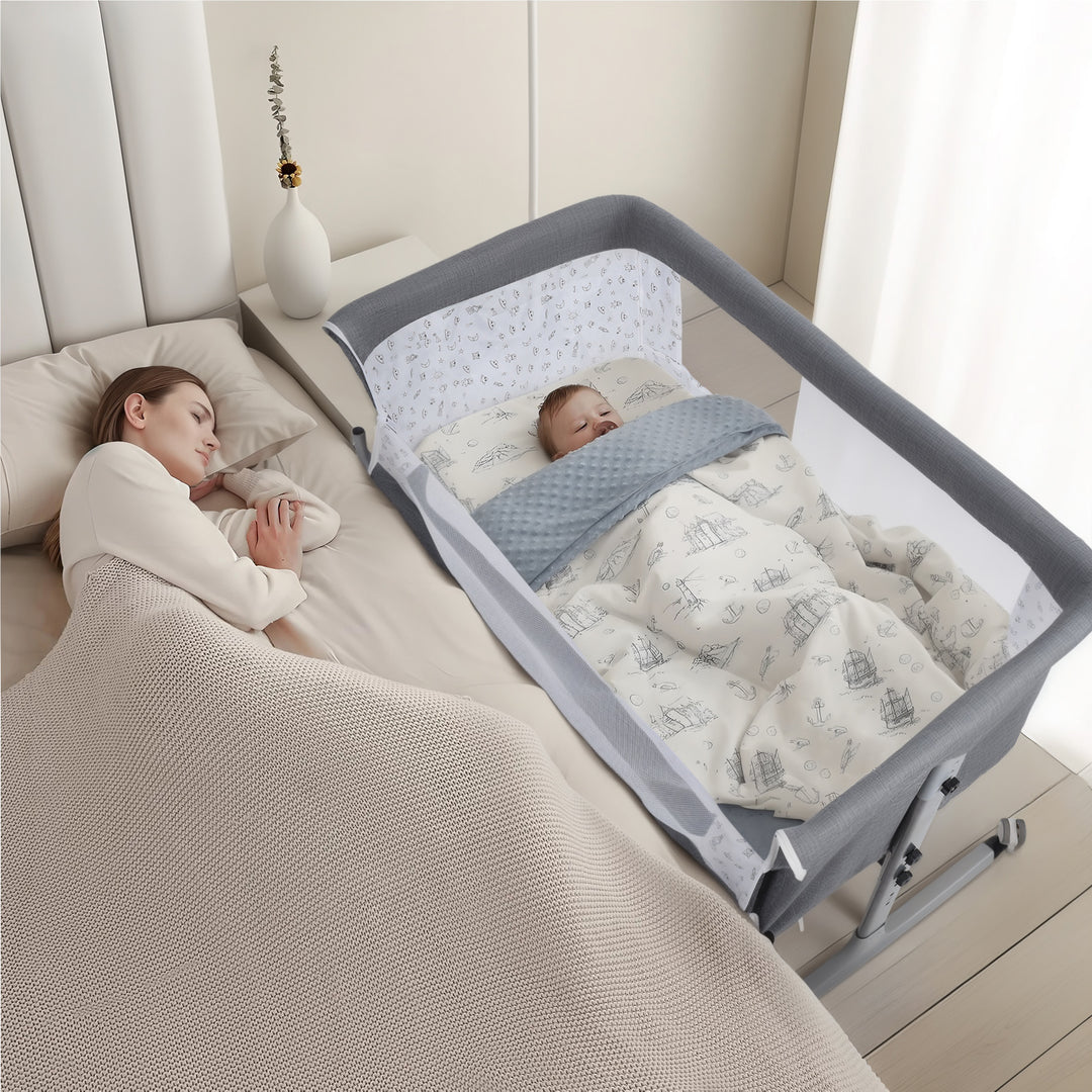 Height Adjustable Baby Bedside Bassinet Crib with Large Curvature Cradle Movable Beside Bassinet with Mosquito Net Image 7