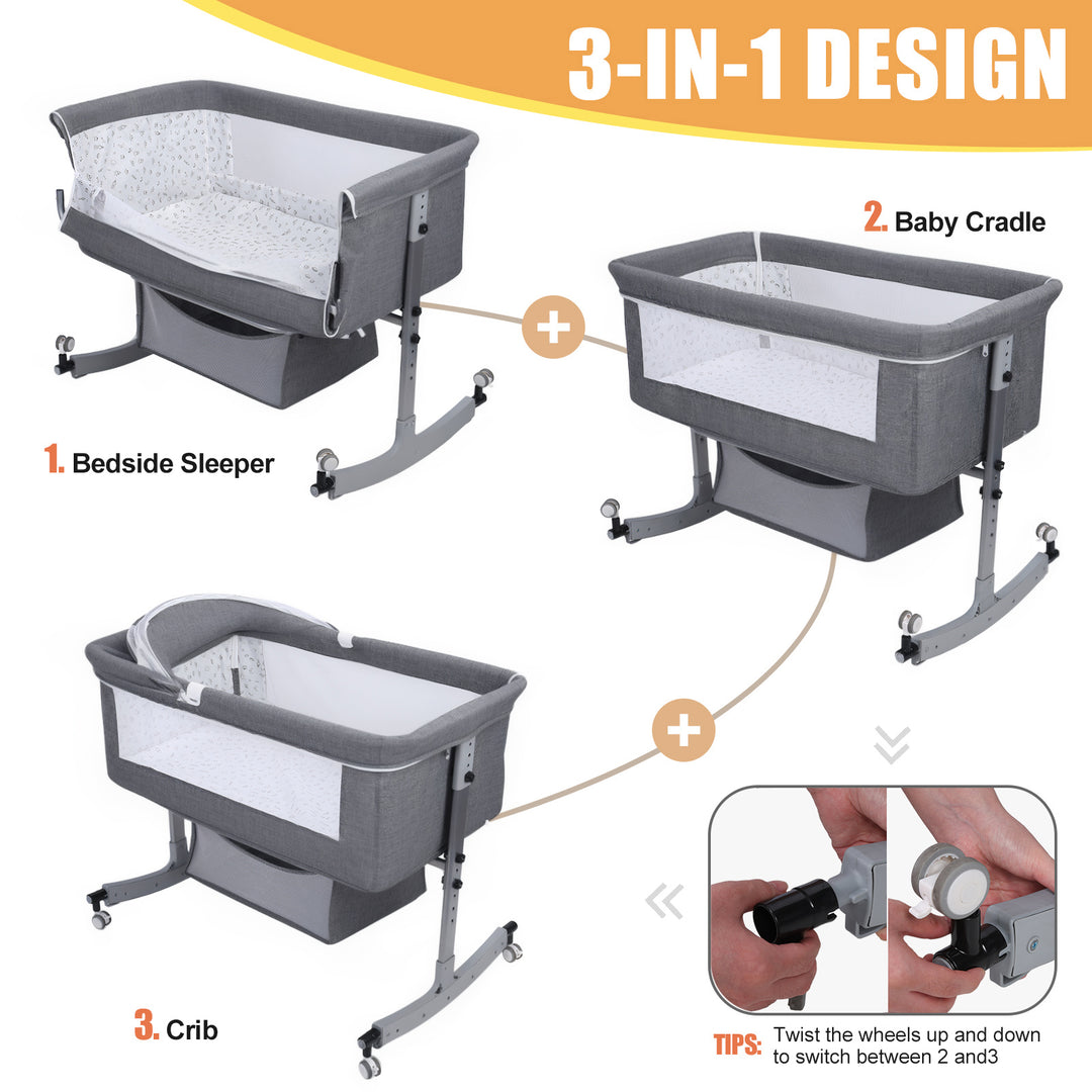 Height Adjustable Baby Bedside Bassinet Crib with Large Curvature Cradle Movable Beside Bassinet with Mosquito Net Image 8