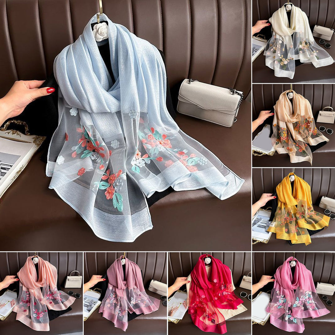 Faux Silk Scarf with Beading Embroidered Crabapple Flower Design Women Versatile Shawl Comfortable Imitation Silk Scarf Image 1