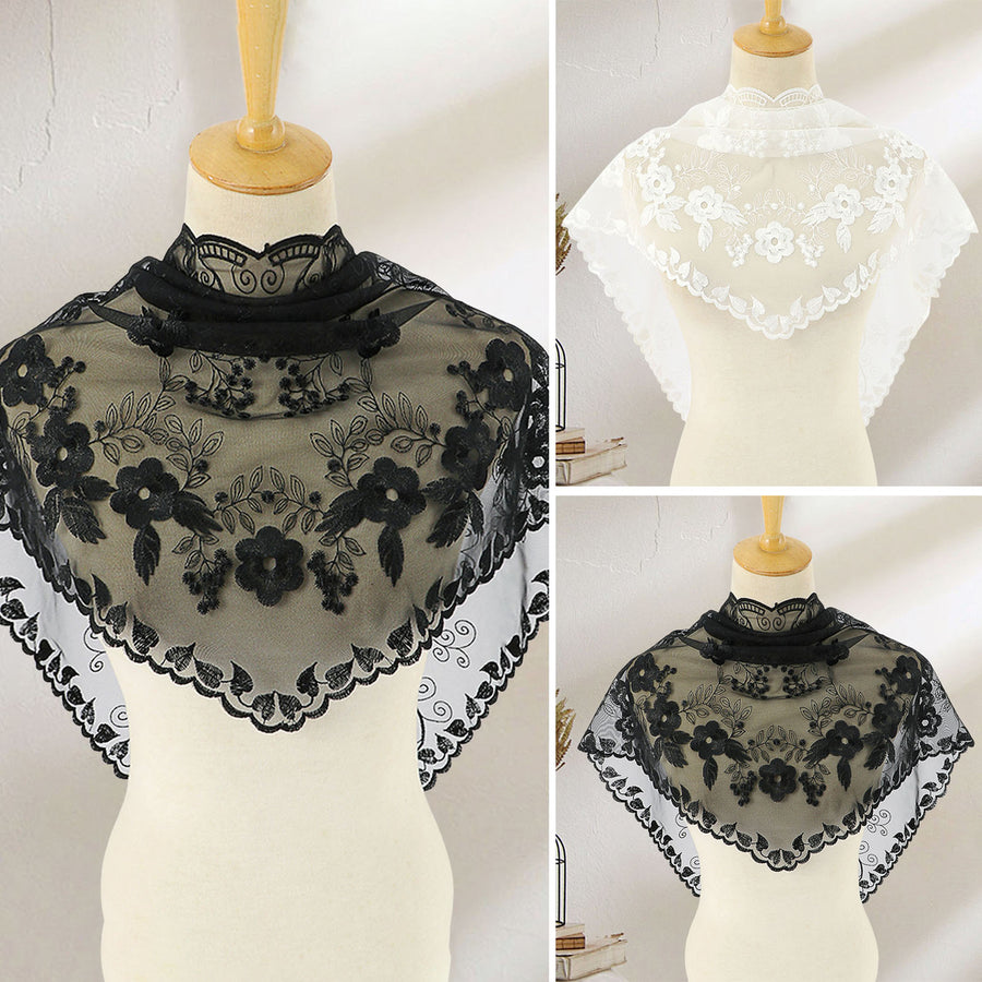 Triangle Scarf Lace Satin Shawl Scarf Hollow Embroidery Flower Pattern Beach Sun Protection Shawl Women Daily Wear Image 1