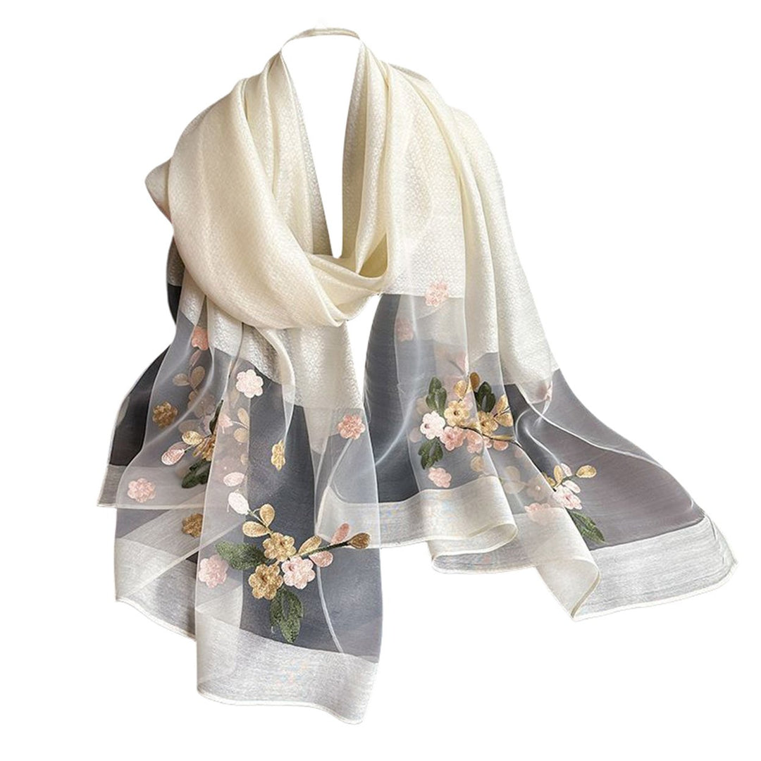 Faux Silk Scarf with Beading Embroidered Crabapple Flower Design Women Versatile Shawl Comfortable Imitation Silk Scarf Image 4