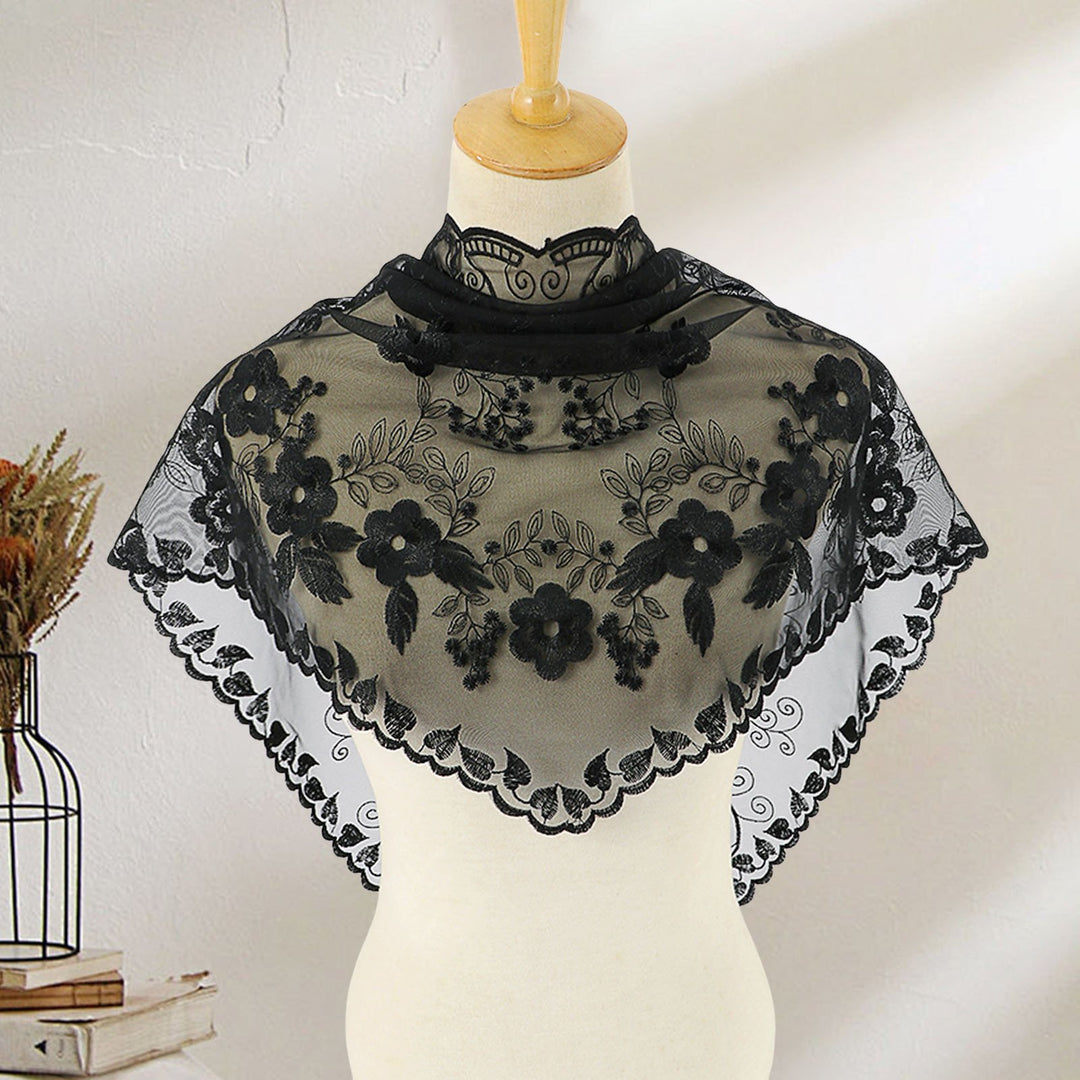 Triangle Scarf Lace Satin Shawl Scarf Hollow Embroidery Flower Pattern Beach Sun Protection Shawl Women Daily Wear Image 7