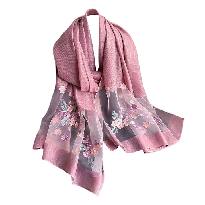 Faux Silk Scarf with Beading Embroidered Crabapple Flower Design Women Versatile Shawl Comfortable Imitation Silk Scarf Image 9