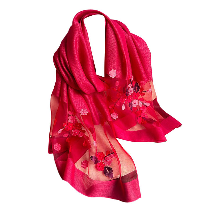 Faux Silk Scarf with Beading Embroidered Crabapple Flower Design Women Versatile Shawl Comfortable Imitation Silk Scarf Image 10