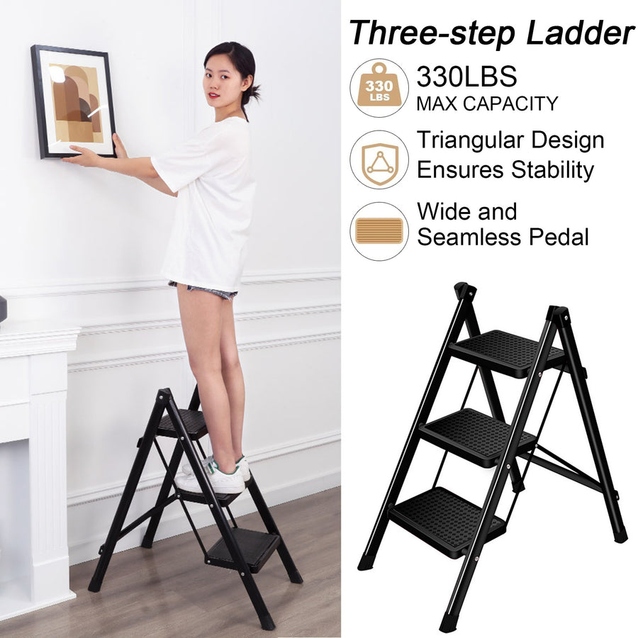 3 Step Folding Ladder 330 Lbs Capacity Lightweight Portable Ladder with Anti-Slip Wide Pedals Adults Household Image 1