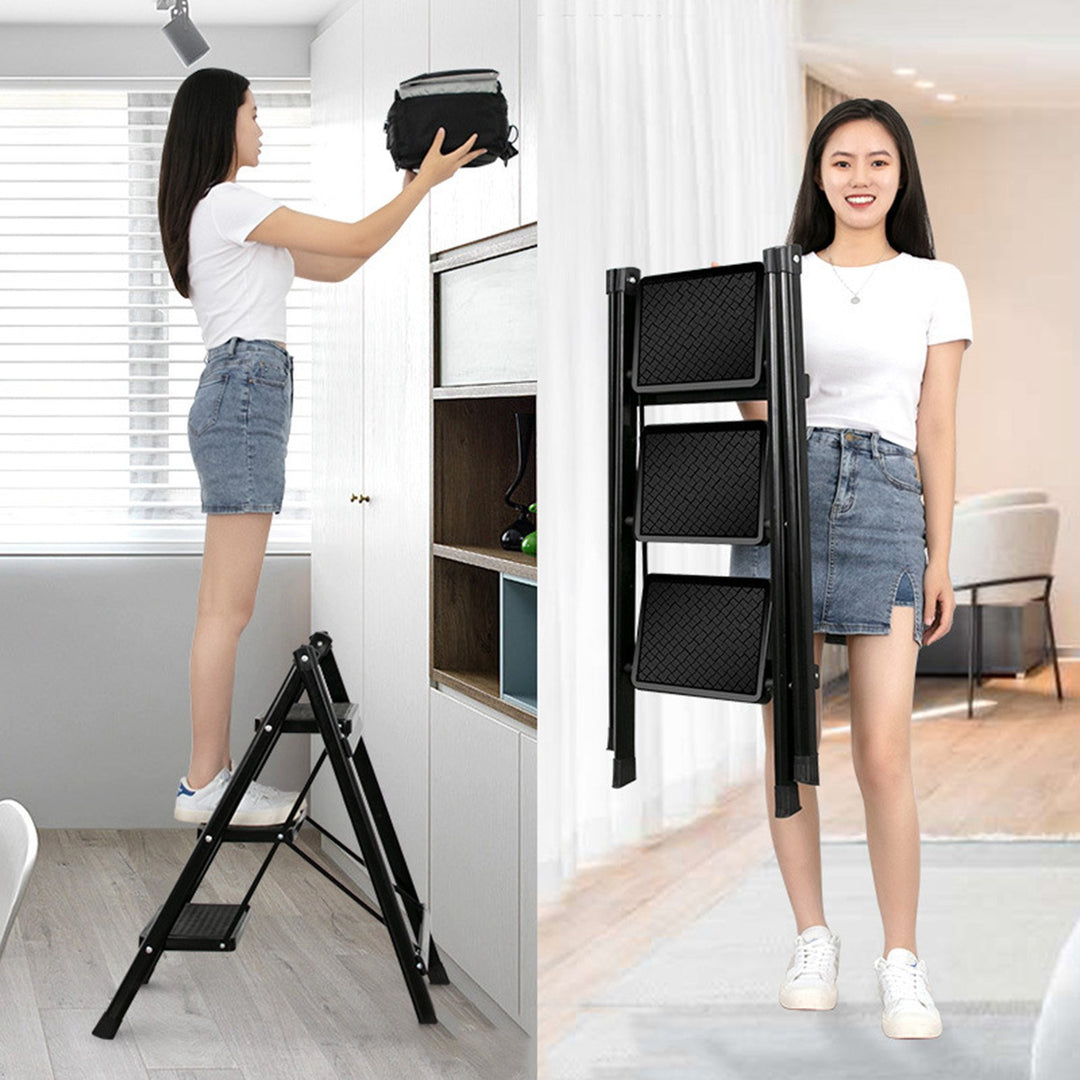 3 Step Folding Ladder 330 Lbs Capacity Lightweight Portable Ladder with Anti-Slip Wide Pedals Adults Household Image 4