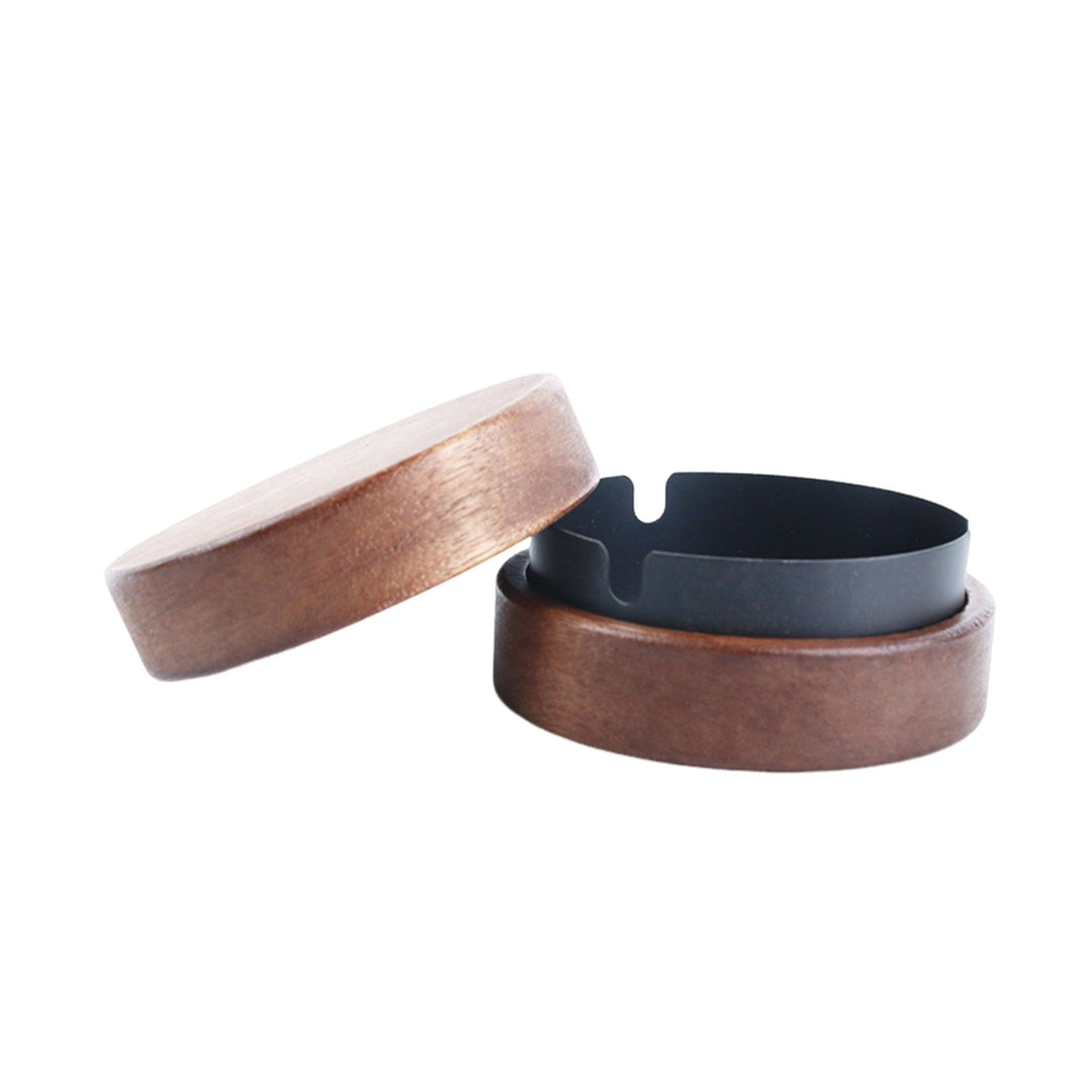 Round Ashtray with Wooden Lid Stainless Steel Liner Ashtray Non-Slip Base Easy to Clean Windproof Ashtray for Office Image 2