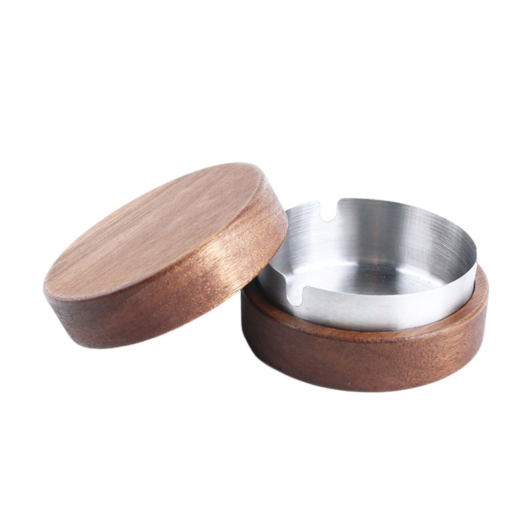 Round Ashtray with Wooden Lid Stainless Steel Liner Ashtray Non-Slip Base Easy to Clean Windproof Ashtray for Office Image 3