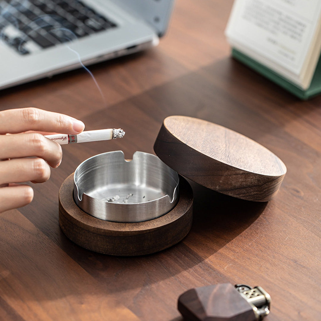 Round Ashtray with Wooden Lid Stainless Steel Liner Ashtray Non-Slip Base Easy to Clean Windproof Ashtray for Office Image 4