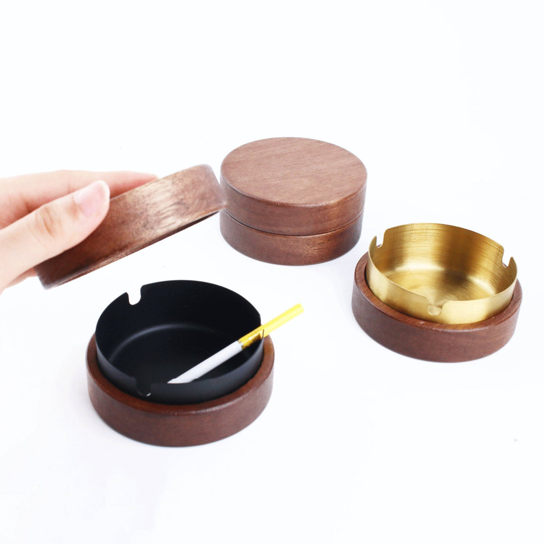 Round Ashtray with Wooden Lid Stainless Steel Liner Ashtray Non-Slip Base Easy to Clean Windproof Ashtray for Office Image 7