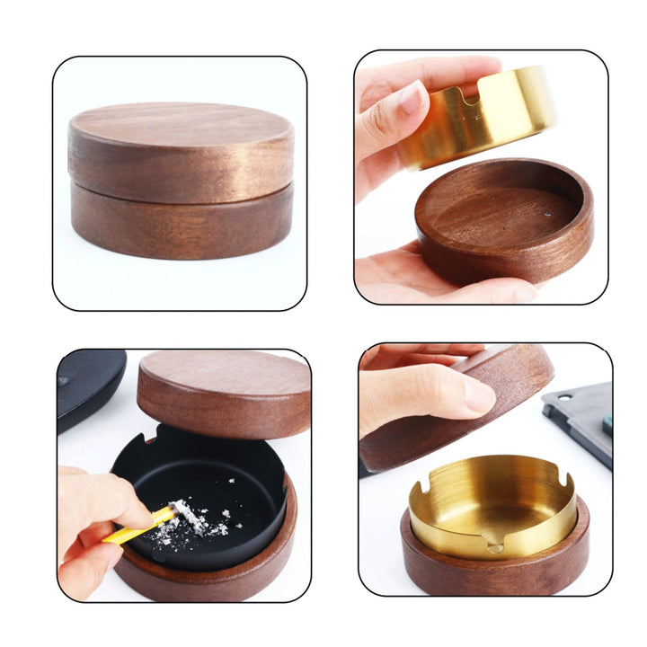 Round Ashtray with Wooden Lid Stainless Steel Liner Ashtray Non-Slip Base Easy to Clean Windproof Ashtray for Office Image 10