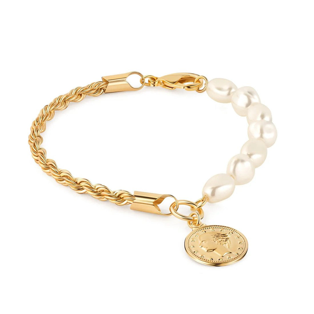 18K Gold Rope and Pearl Bracelet Anklet with Coin Charm 10 Image 1