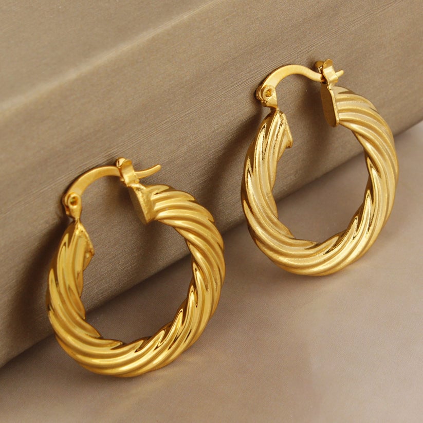 14k Gold Classic Bamboo Hoop Earrings Image 1