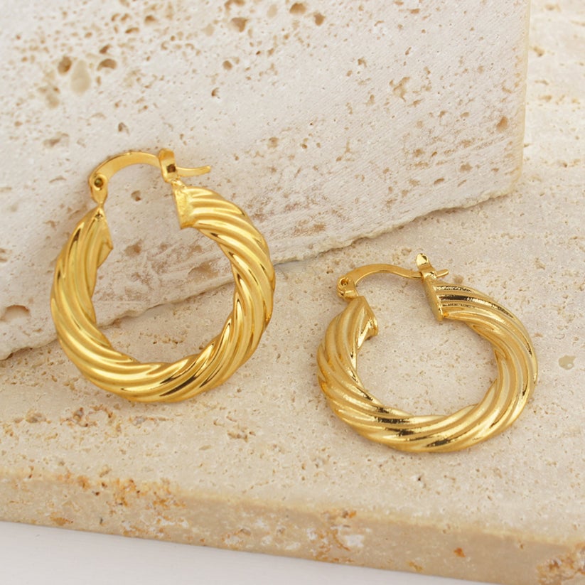 14k Gold Classic Bamboo Hoop Earrings Image 2