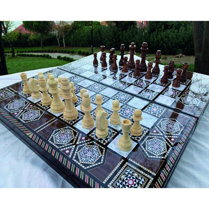 20"inch Backgammon Chess Set for Adults Complete X Large Wooden Game Board Handmade Game Gift Ideas for Dad Husband Image 1