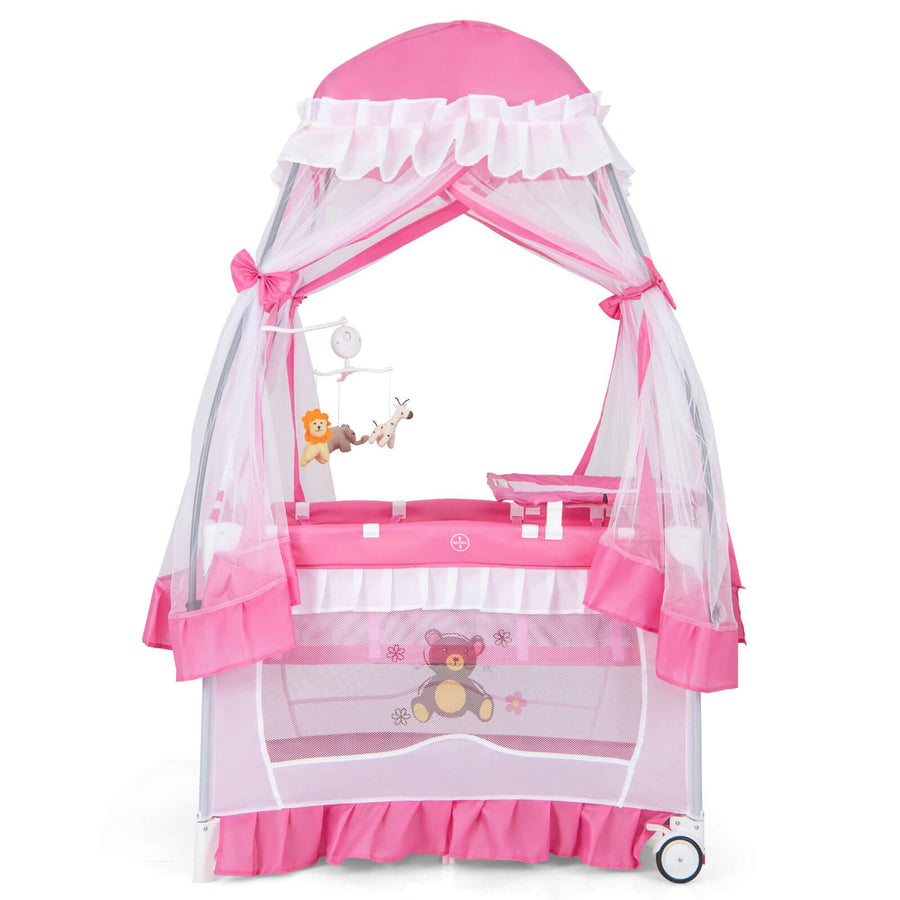 4 in 1 Portable Baby Playard Crib Bed w/Changing Table Canopy Music Box Image 1