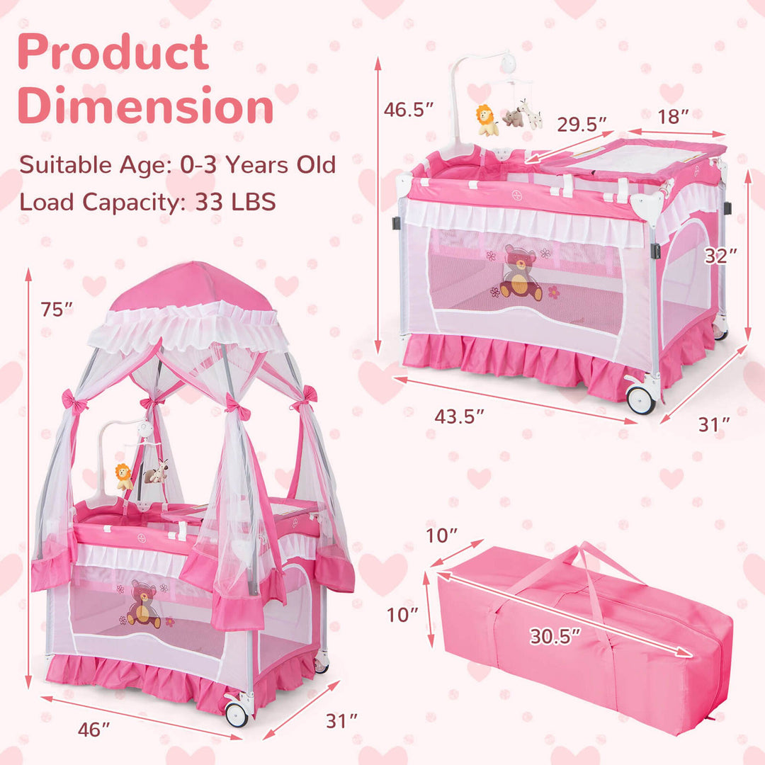 4 in 1 Portable Baby Playard Crib Bed w/Changing Table Canopy Music Box Image 3