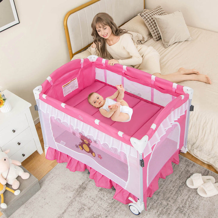 4 in 1 Portable Baby Playard Crib Bed w/Changing Table Canopy Music Box Image 4