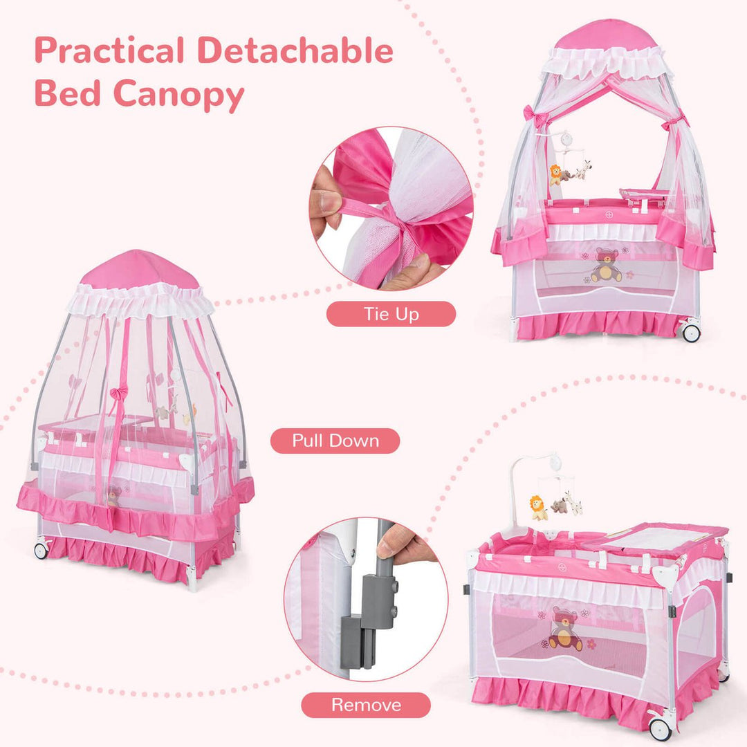 4 in 1 Portable Baby Playard Crib Bed w/Changing Table Canopy Music Box Image 9