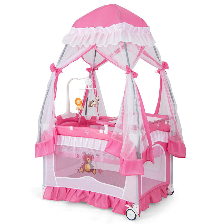 4 in 1 Portable Baby Playard Crib Bed w/Changing Table Canopy Music Box Image 10