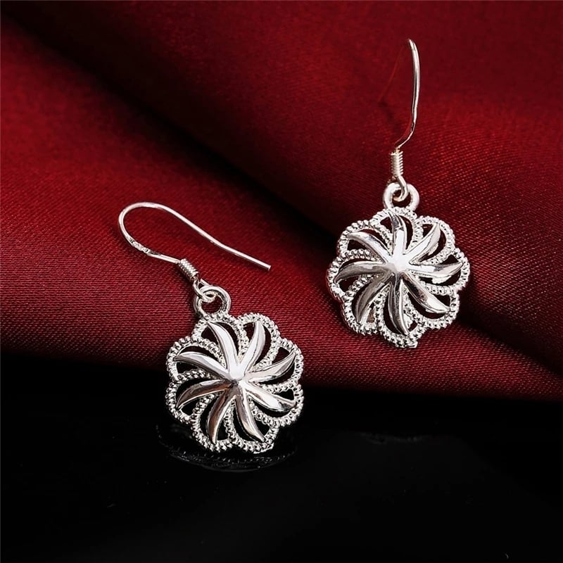 925 Sterling Silver Round Flower Drop Dangle Earrings Image 1