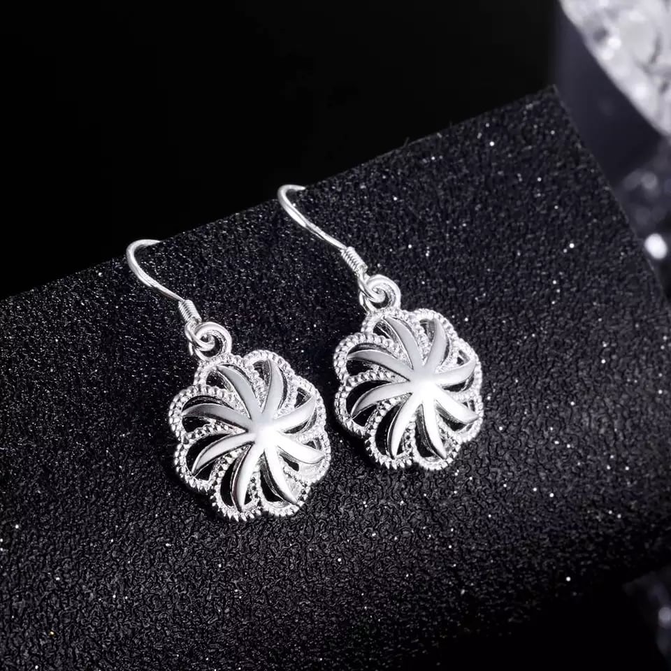 925 Sterling Silver Round Flower Drop Dangle Earrings Image 2