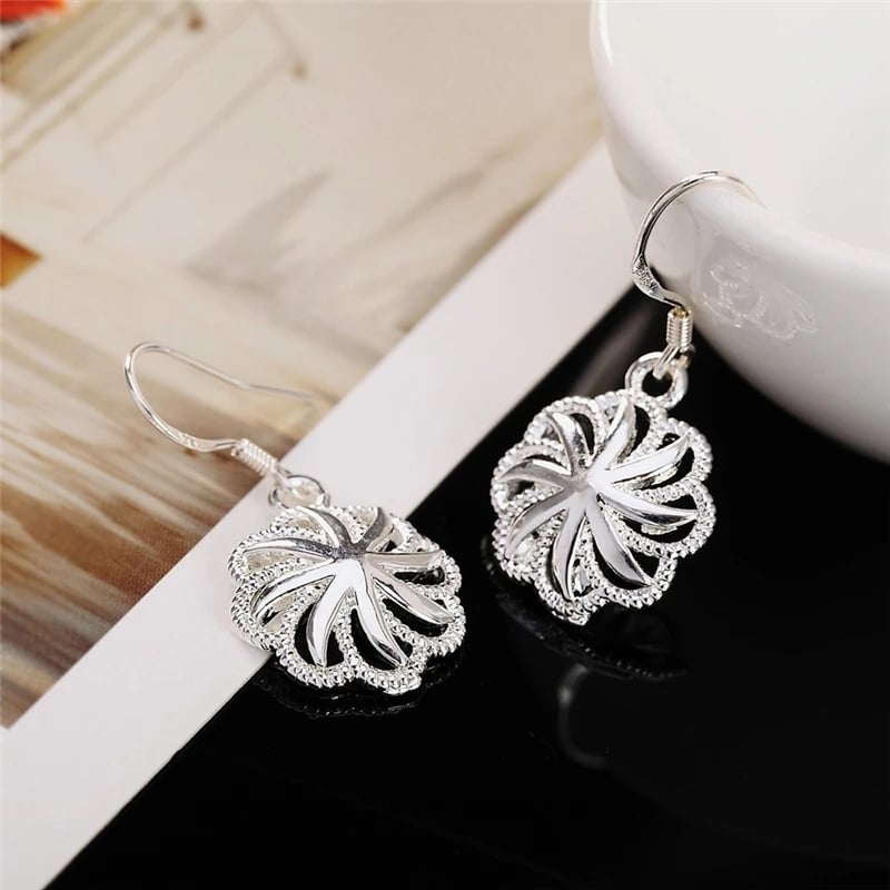 925 Sterling Silver Round Flower Drop Dangle Earrings Image 3