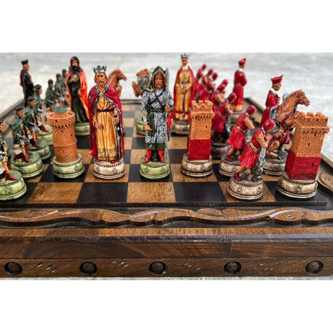 Luxury Chess Sets for Adults Historical Camelot Hand Painted Chessmen Hand Carved Walnut Solid Wooden Chess Board Gifts Image 1