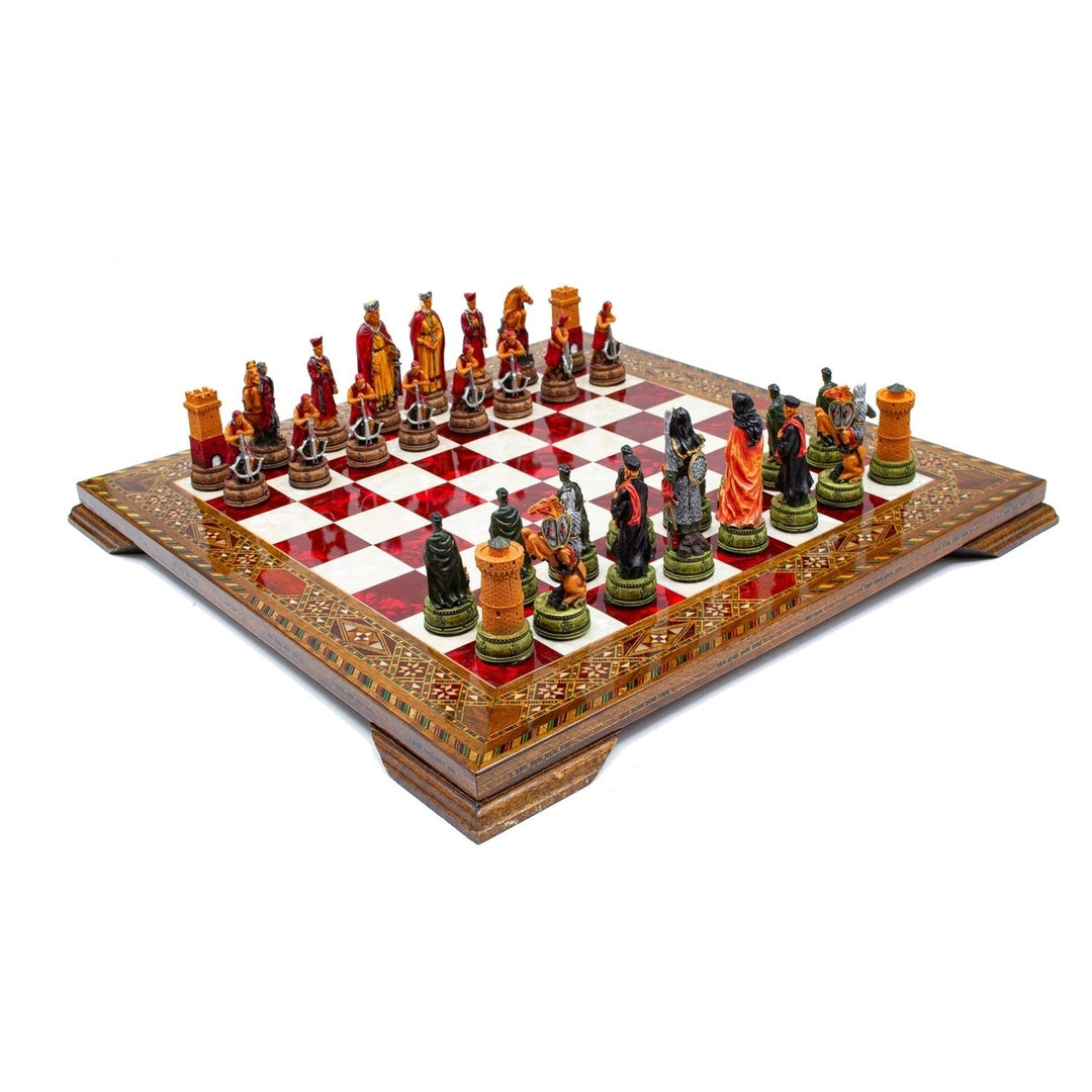 Luxury Chess Set Historical Camelot Hand Painted Chess Pieces Inlaid Solid Wooden Chess Board and Husband Image 1