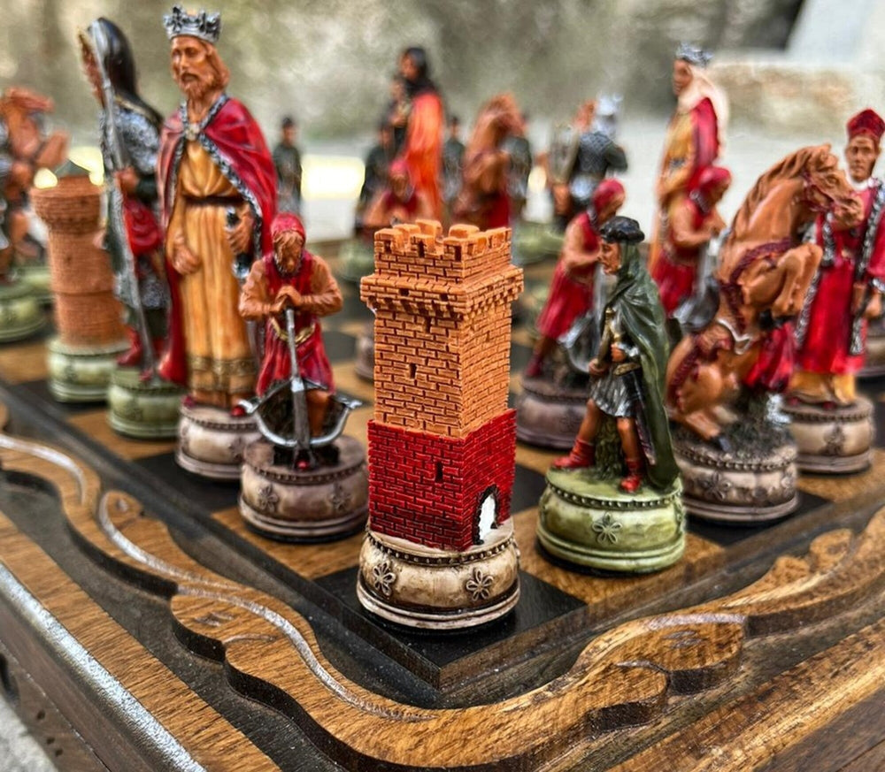 Luxury Chess Sets for Adults Historical Camelot Hand Painted Chessmen Hand Carved Walnut Solid Wooden Chess Board Gifts Image 2