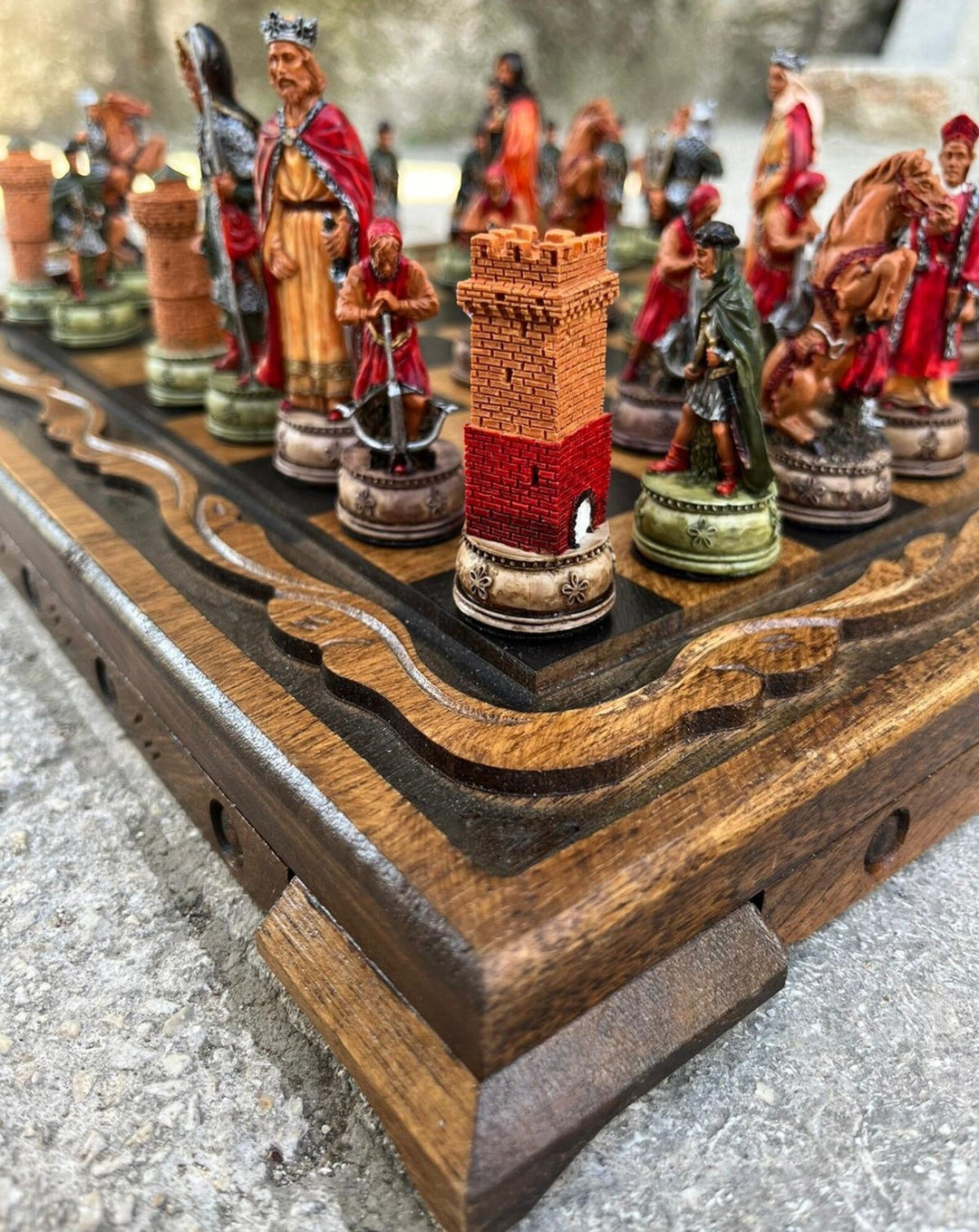 Luxury Chess Sets for Adults Historical Camelot Hand Painted Chessmen Hand Carved Walnut Solid Wooden Chess Board Gifts Image 3