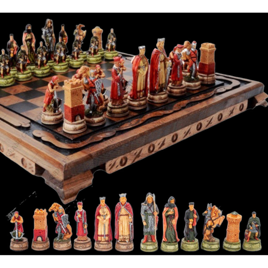 Luxury Chess Sets for Adults Historical Camelot Hand Painted Chessmen Hand Carved Walnut Solid Wooden Chess Board Gifts Image 1