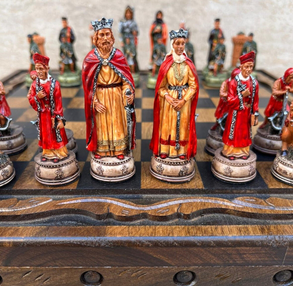 Luxury Chess Sets for Adults Historical Camelot Hand Painted Chessmen Hand Carved Walnut Solid Wooden Chess Board Gifts Image 2