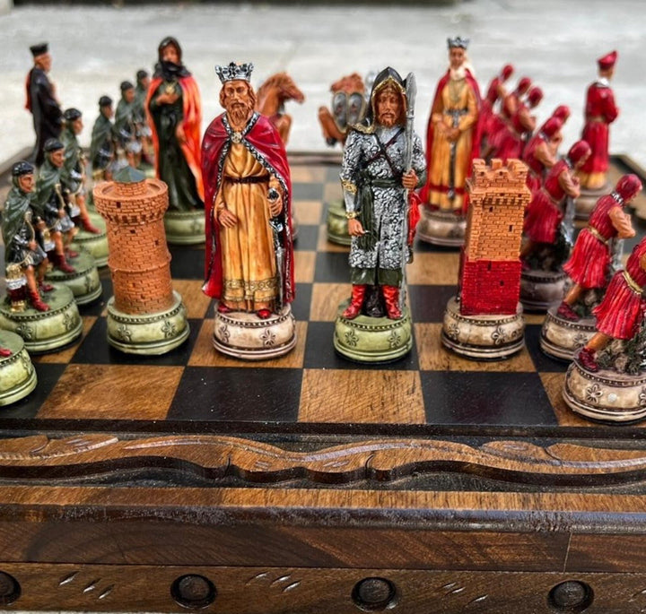 Luxury Chess Sets for Adults Historical Camelot Hand Painted Chessmen Hand Carved Walnut Solid Wooden Chess Board Gifts Image 4