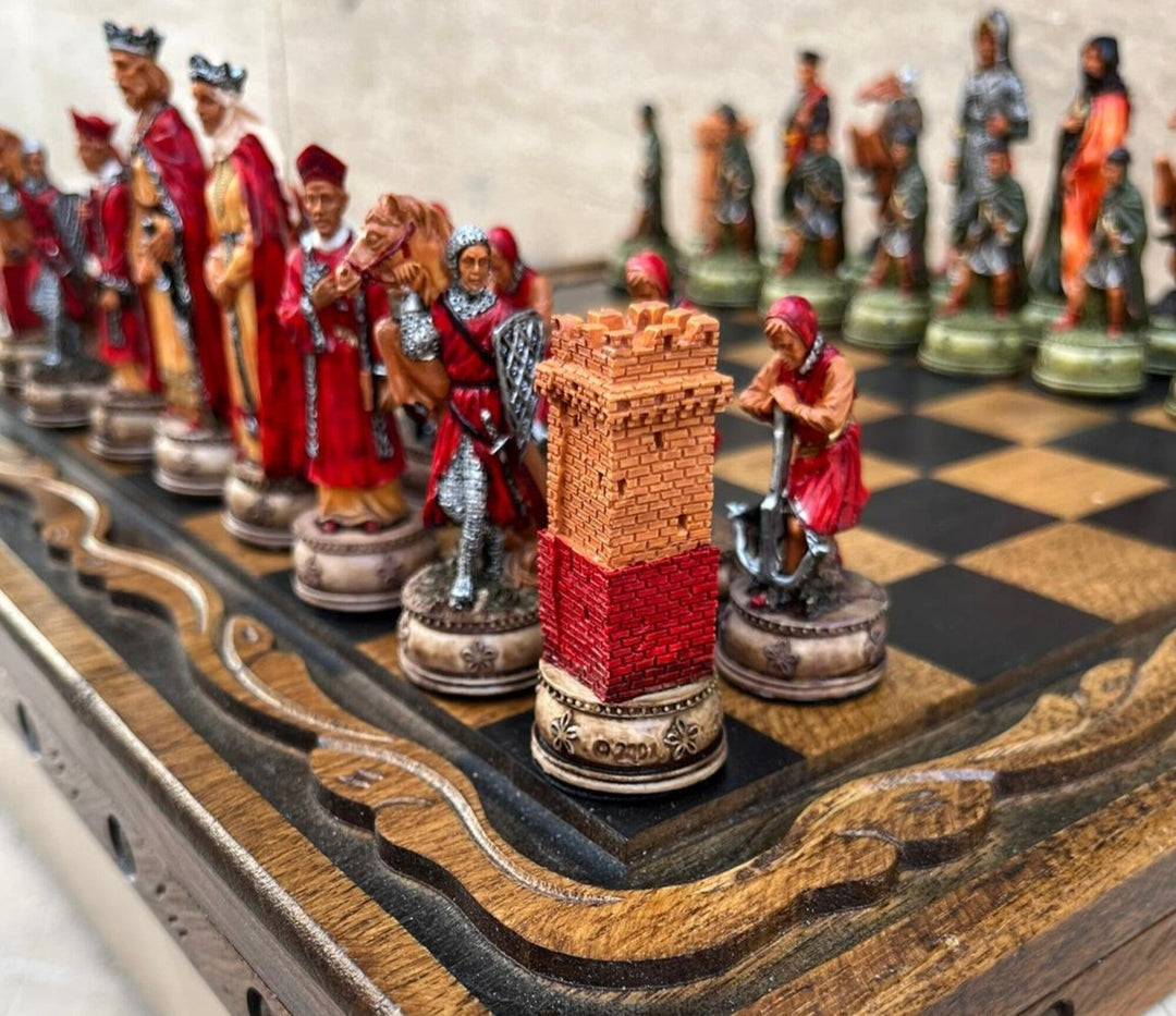 Luxury Chess Sets for Adults Historical Camelot Hand Painted Chessmen Hand Carved Walnut Solid Wooden Chess Board Gifts Image 3