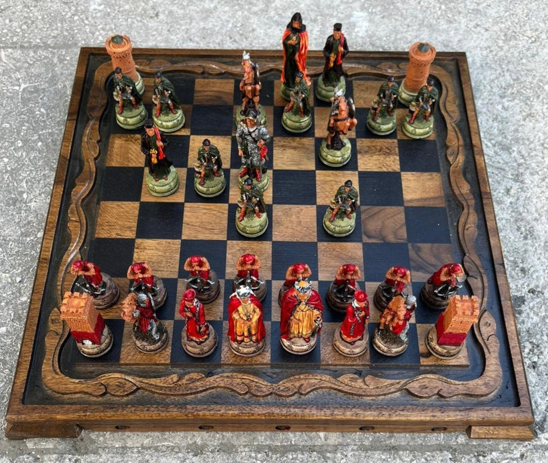 Luxury Chess Sets for Adults Historical Camelot Hand Painted Chessmen Hand Carved Walnut Solid Wooden Chess Board Gifts Image 4