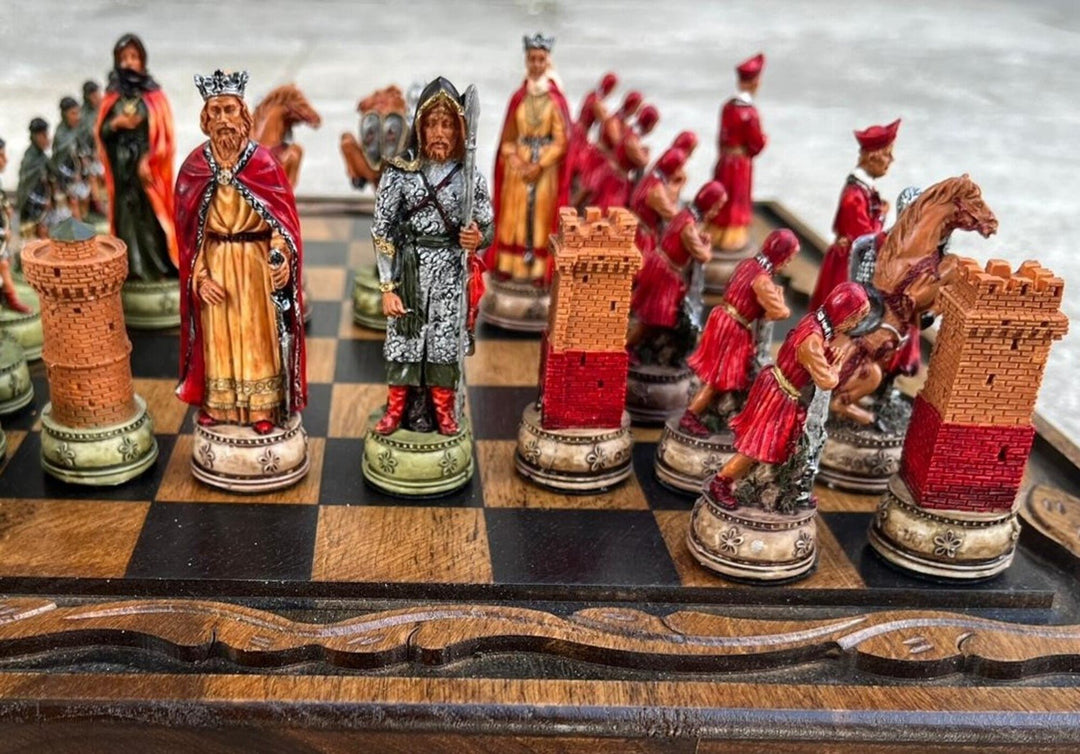 Luxury Chess Sets for Adults Historical Camelot Hand Painted Chessmen Hand Carved Walnut Solid Wooden Chess Board Gifts Image 8